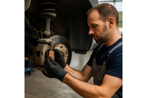 Wymiana klocków hamulcowych – mechanik przy pracy, poradnik POSCAR.pl